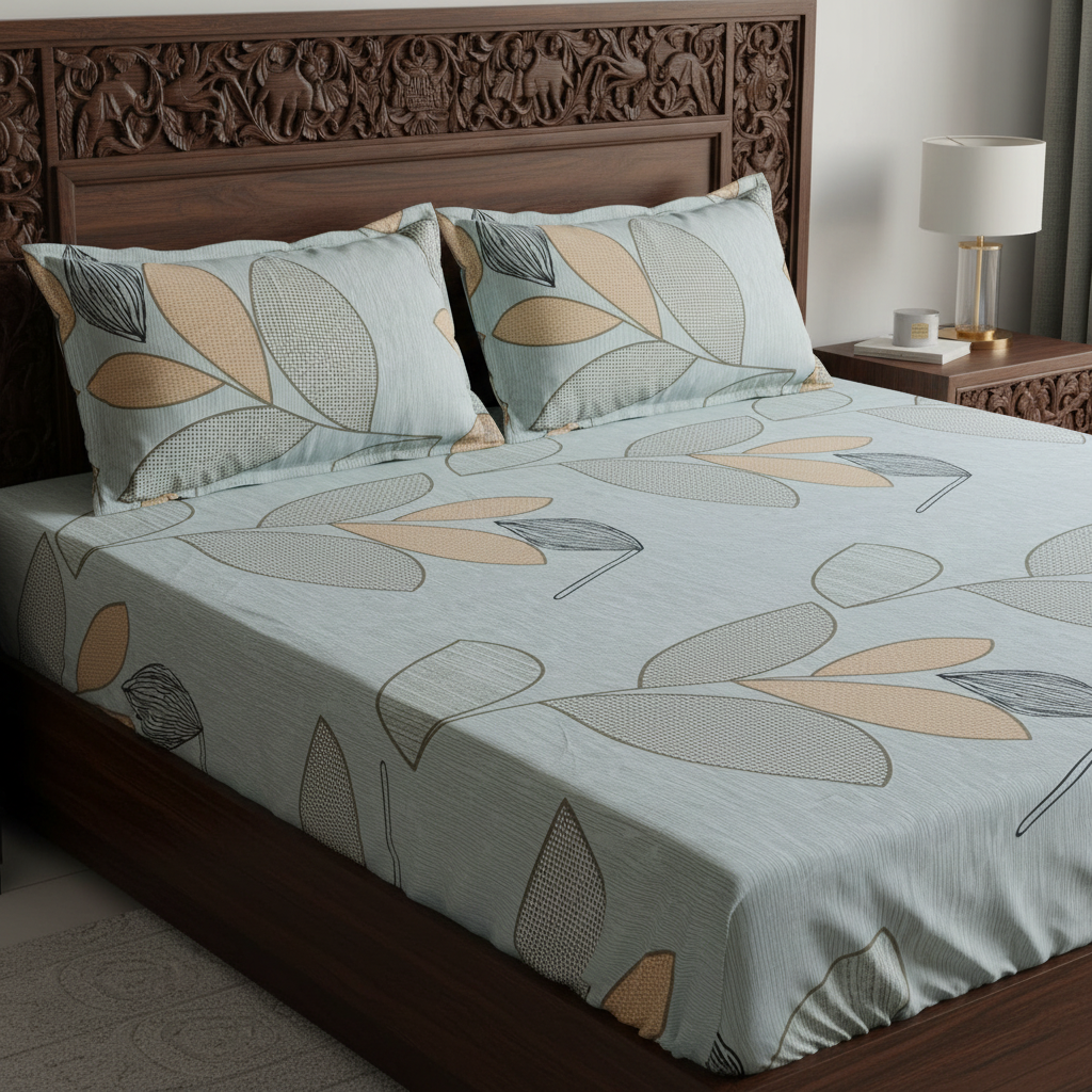 Fitted Elastic Queen Bedsheet with 2 Pillow Covers - Elegant Leaf Grey Beige Black