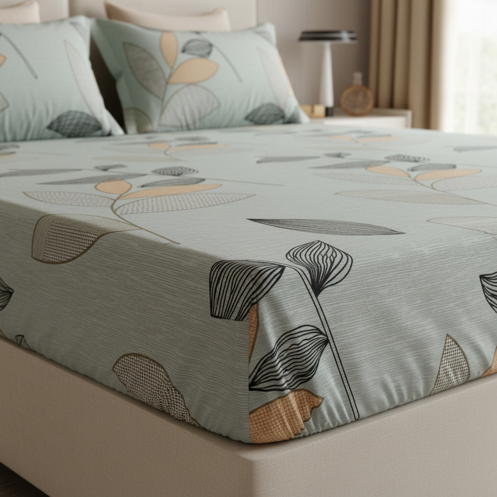 Fitted Elastic Queen Bedsheet with 2 Pillow Covers - Elegant Leaf Grey Beige Black