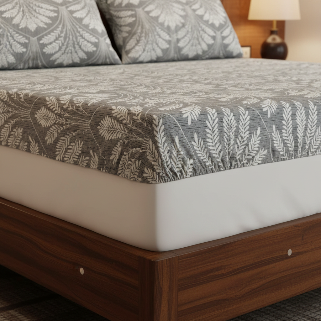 Fitted Elastic Bedsheet Set with 2 Pillow Covers - Grey White Botanical Leaf Queen Size