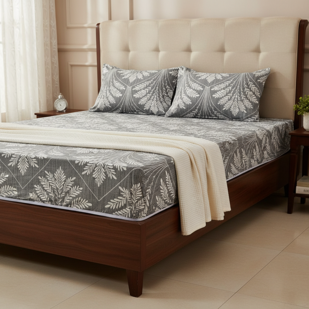 Fitted Elastic Bedsheet Set with 2 Pillow Covers - Grey White Botanical Leaf Queen Size