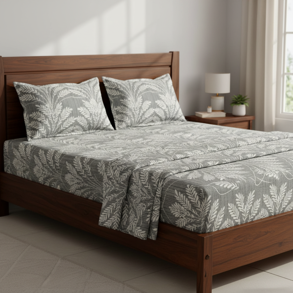 Fitted Elastic Bedsheet Set with 2 Pillow Covers - Grey White Botanical Leaf Queen Size