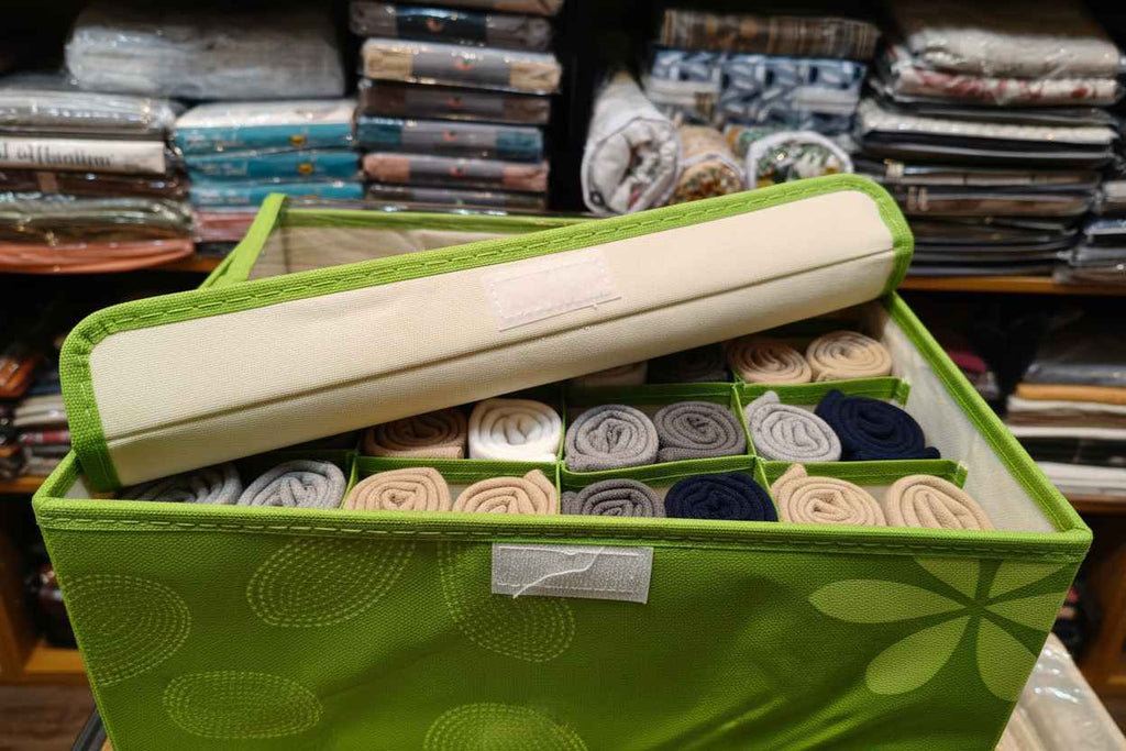 Green Fabric Storage Organizer Box with Transparent Lid | Foldable Drawer Organizer