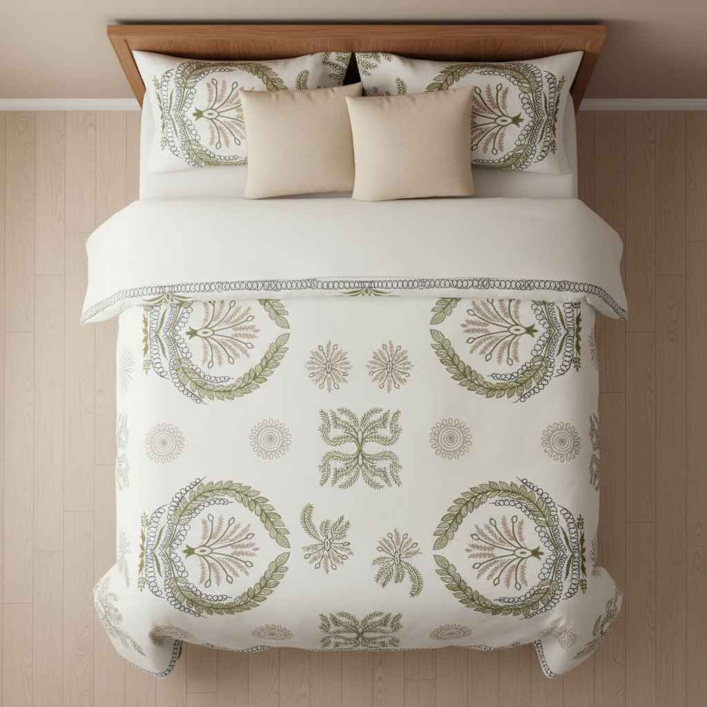Double Bed Bedsheet – Botanical Wreath Print | White & Olive Green