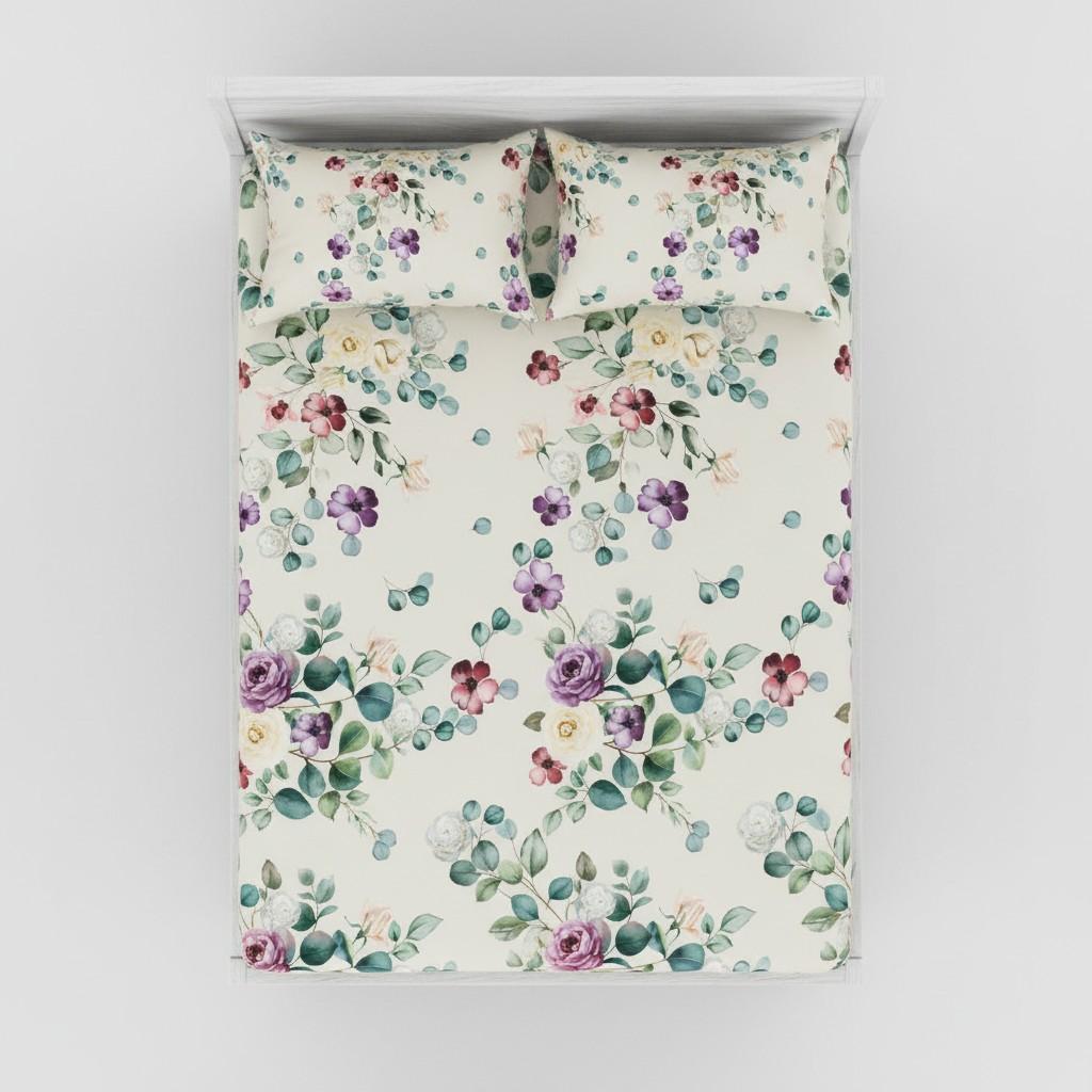 Eucalyptus Floral King Size Bedsheet - 7D Digital Print with 2 Pillow Covers - 108x108 inch