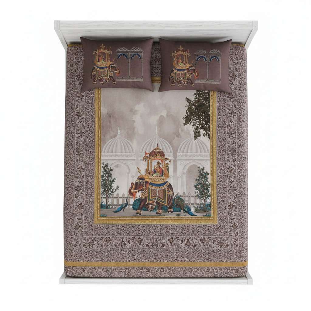 Royal Elephant Heritage Bedsheet King Size 7D Digital Print with 2 Pillow Covers - 108x108 inch