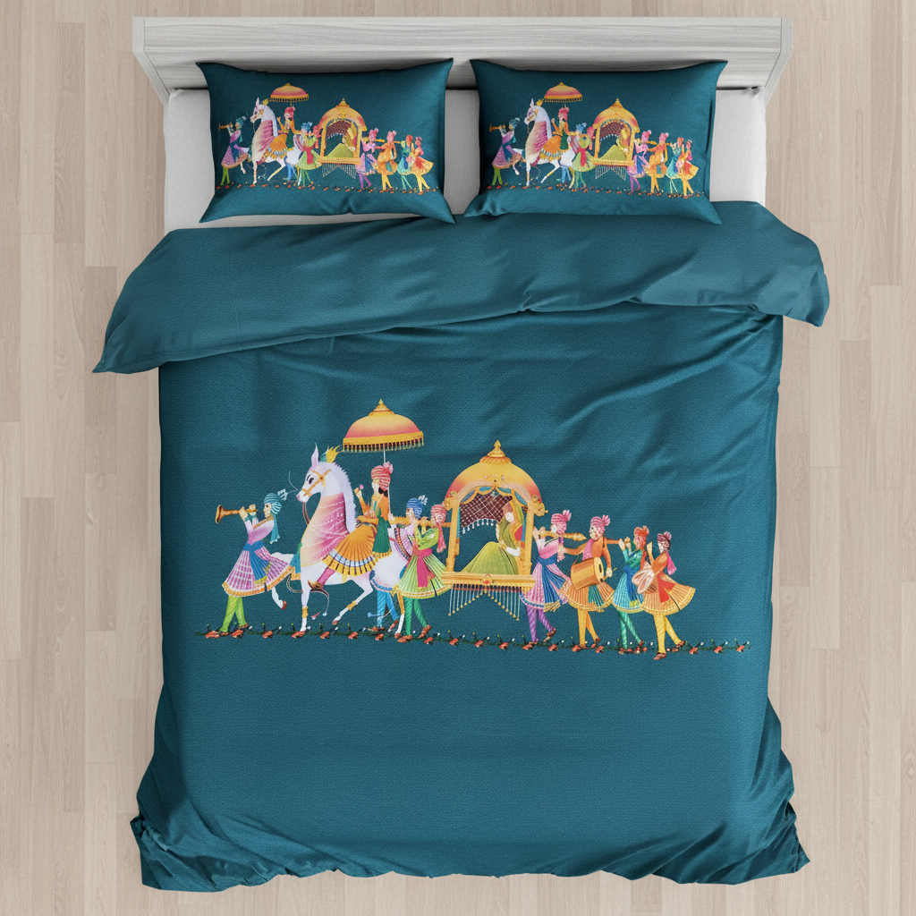 Royal Procession King Size Bedsheet 7D Digital Print with 2 Pillow Covers - 108x108 inch