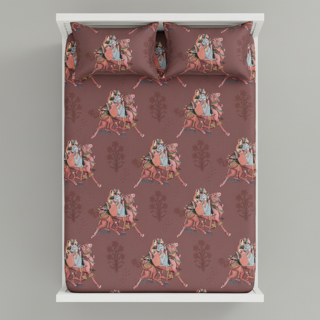 Rajasthani Royal Couple Bedsheet King Size 7D Digital Print with 2 Pillow Covers - 108x108 inch