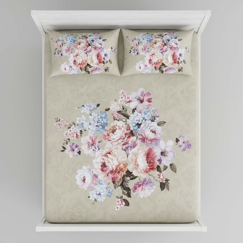 Romantic Pastel Floral Bedsheet King Size 7D Digital Print with 2 Pillow Covers - 108x108 inch