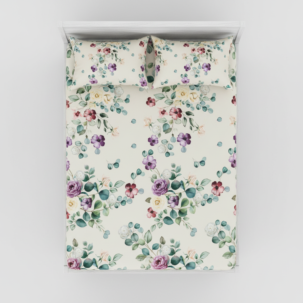 Eucalyptus Floral King Size Bedsheet - 7D Digital Print with 2 Pillow Covers - 108x108 inch