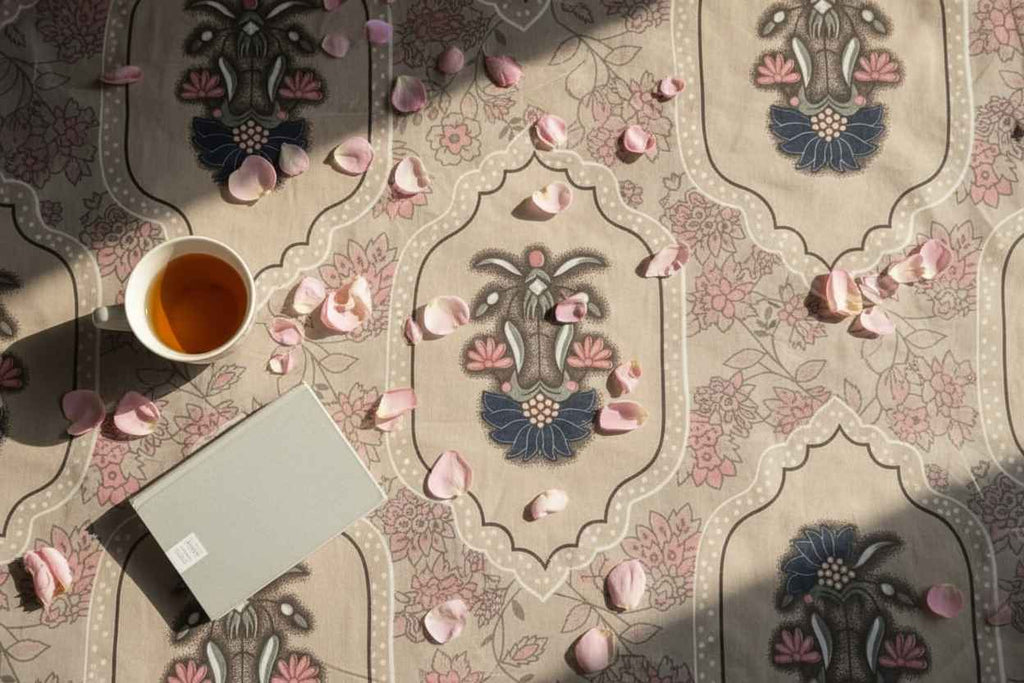 Double Bed Bedsheet – Mughal Floral Print | Beige & Indigo