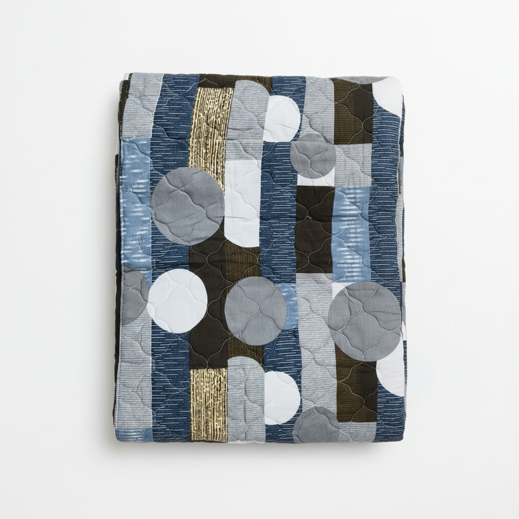 Premium Bed Sheet Set - Navy Blue Geometric Circular Pattern with Quilted Pillow Covers - Queen Size