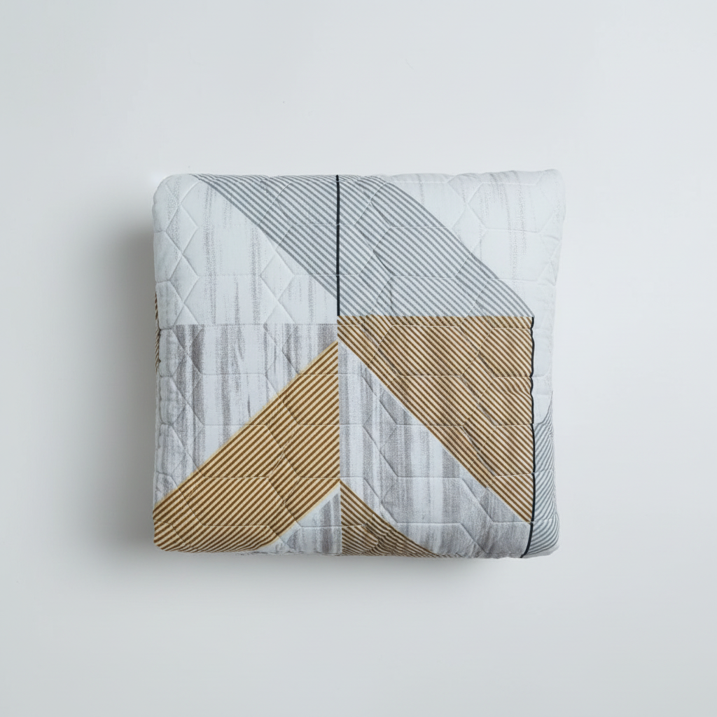 Premium Bed Sheet Set - Beige Grey Geometric Diagonal Striped Pattern with Quilted Pillow Covers - Queen Size