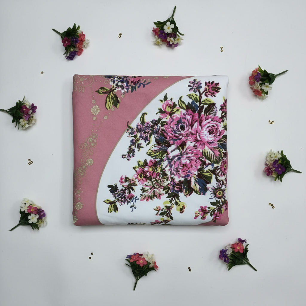 Premium Embroidered Bed Sheet Set - Pink Floral Golden Embroidery with Pillow Covers - Queen Size