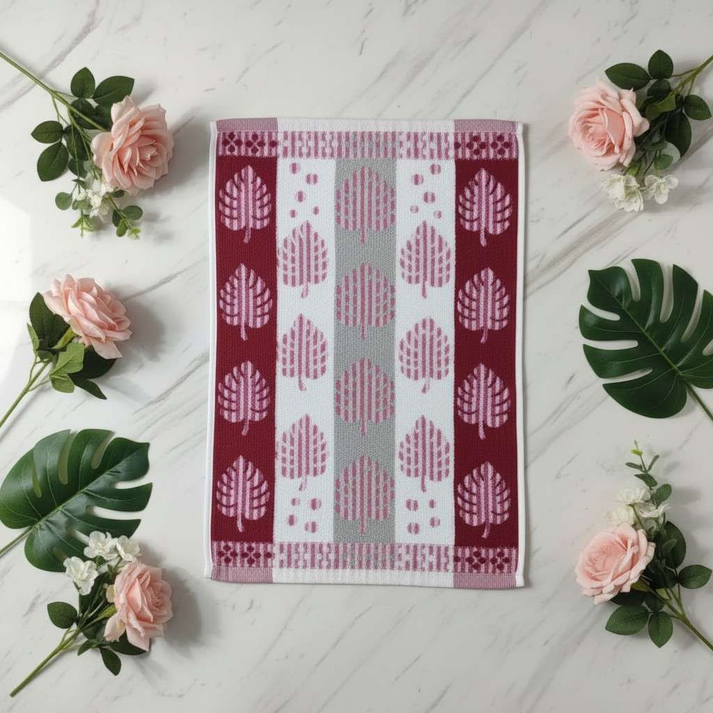 Hand Towel Block Print  – Burgundy & Pink Monstera Leaf | Set of 3