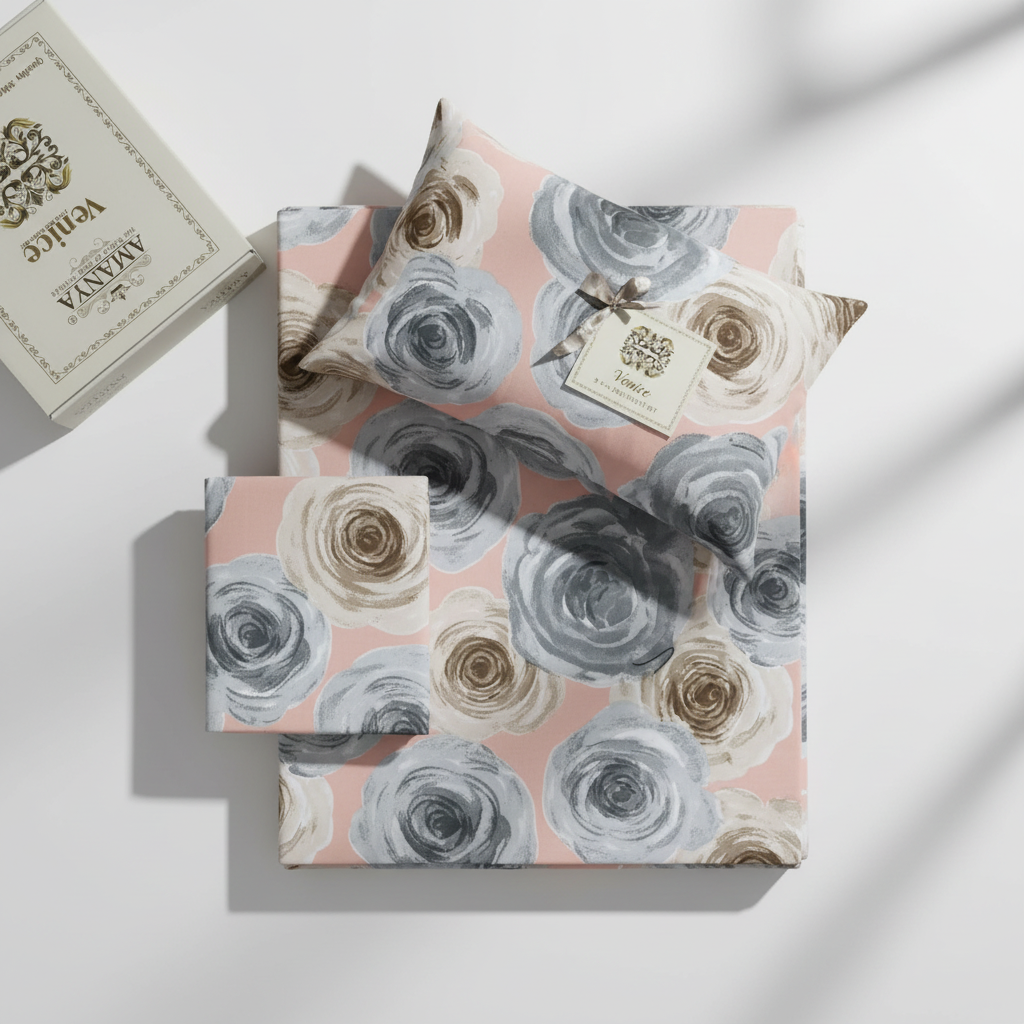 Premium Bedsheet Set with Pillow Covers - Grey & Beige Rose Pattern with Premium Packing