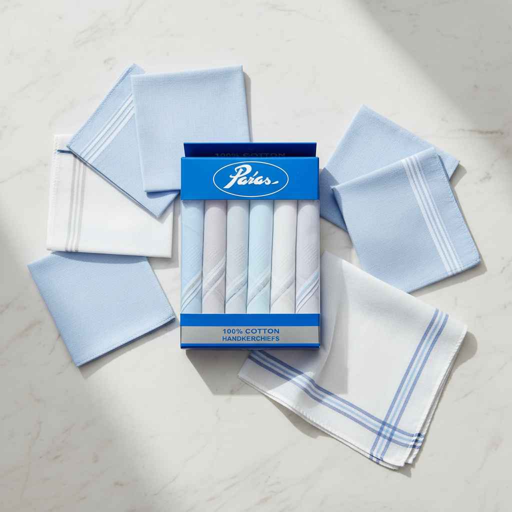 Paras 100% Cotton Handkerchiefs – Pack of 6 | White & Blue Stripe