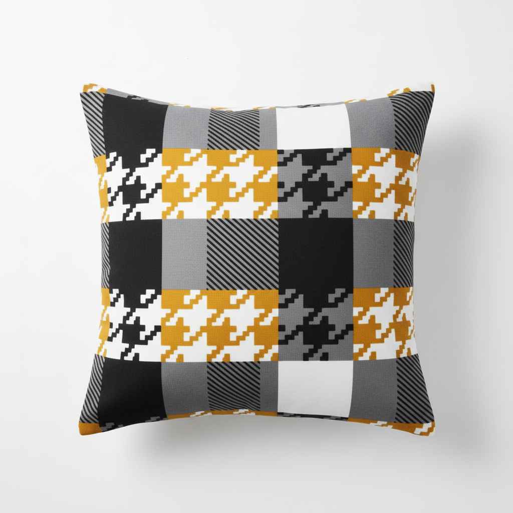 Double Bed Bedsheet – Houndstooth Patchwork | Black, White & Gold