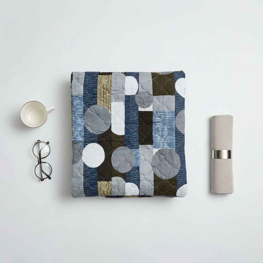 Premium Bed Sheet Set - Navy Blue Geometric Circular Pattern with Quilted Pillow Covers - Queen Size