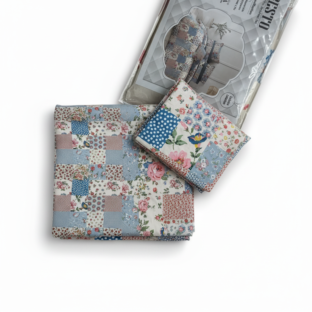 Premium Patchwork Floral Bedsheet Set - Cottage Style Pink Blue Polka Dots with Pillow Covers - Queen Size