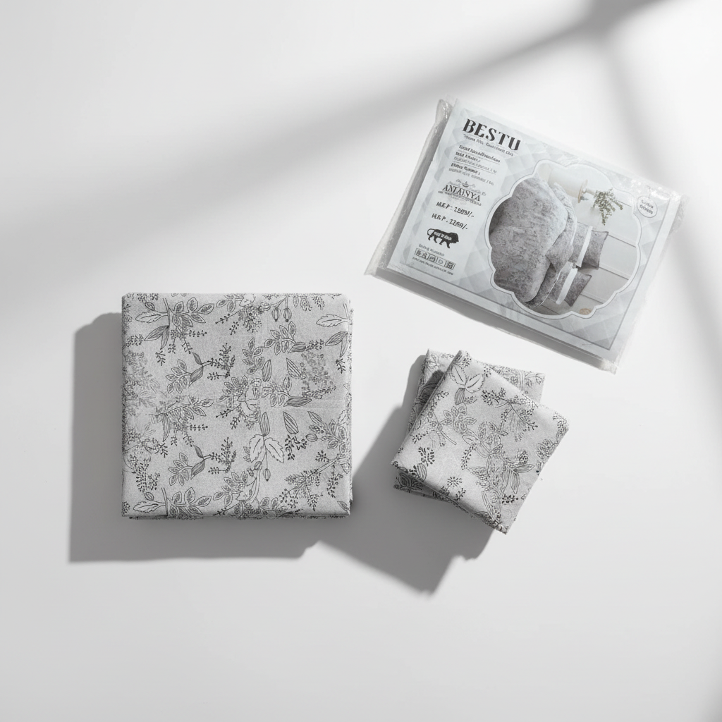 Premium Botanical Leaf Pattern Bedsheet Set - Grey & White with Pillow Covers - Queen Size