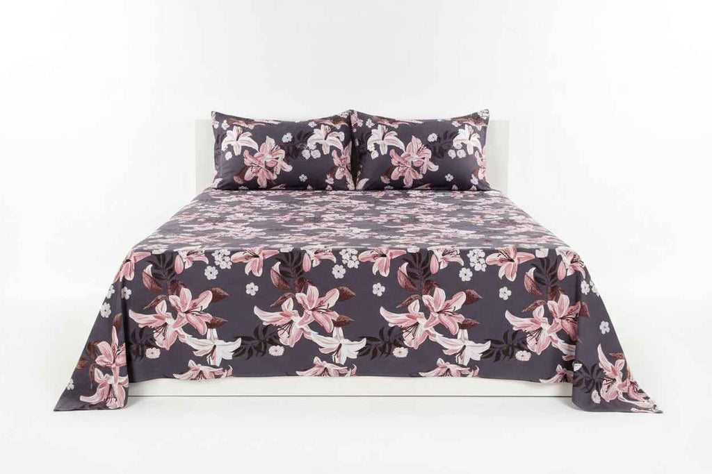 Lily Floral Printed Bedsheet | Charcoal Grey with Pink & White Blooms