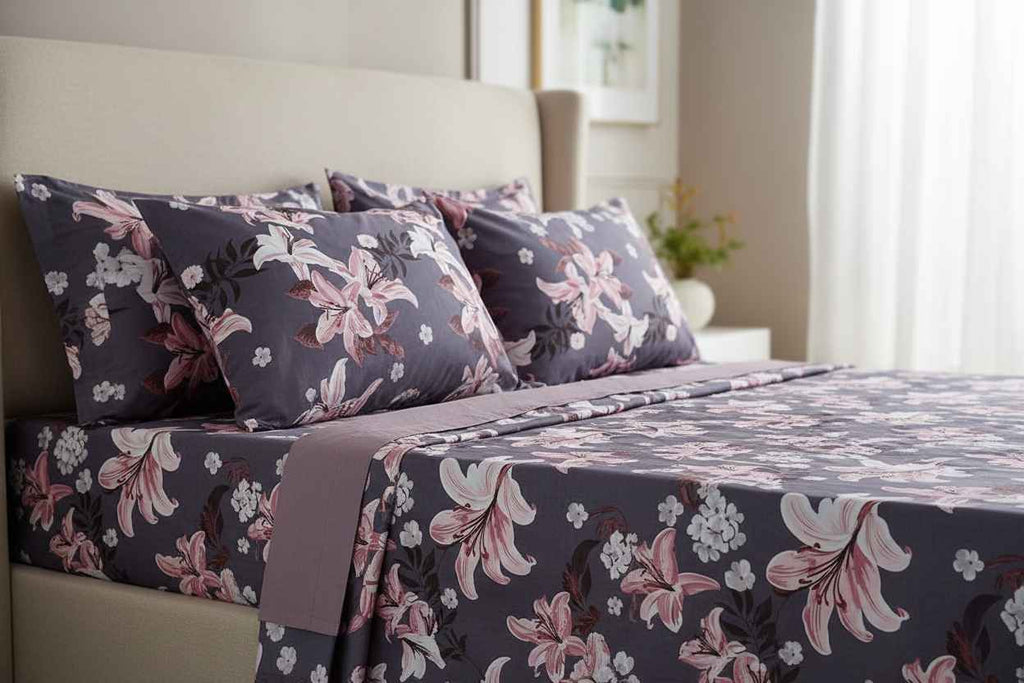 Lily Floral Printed Bedsheet | Charcoal Grey with Pink & White Blooms