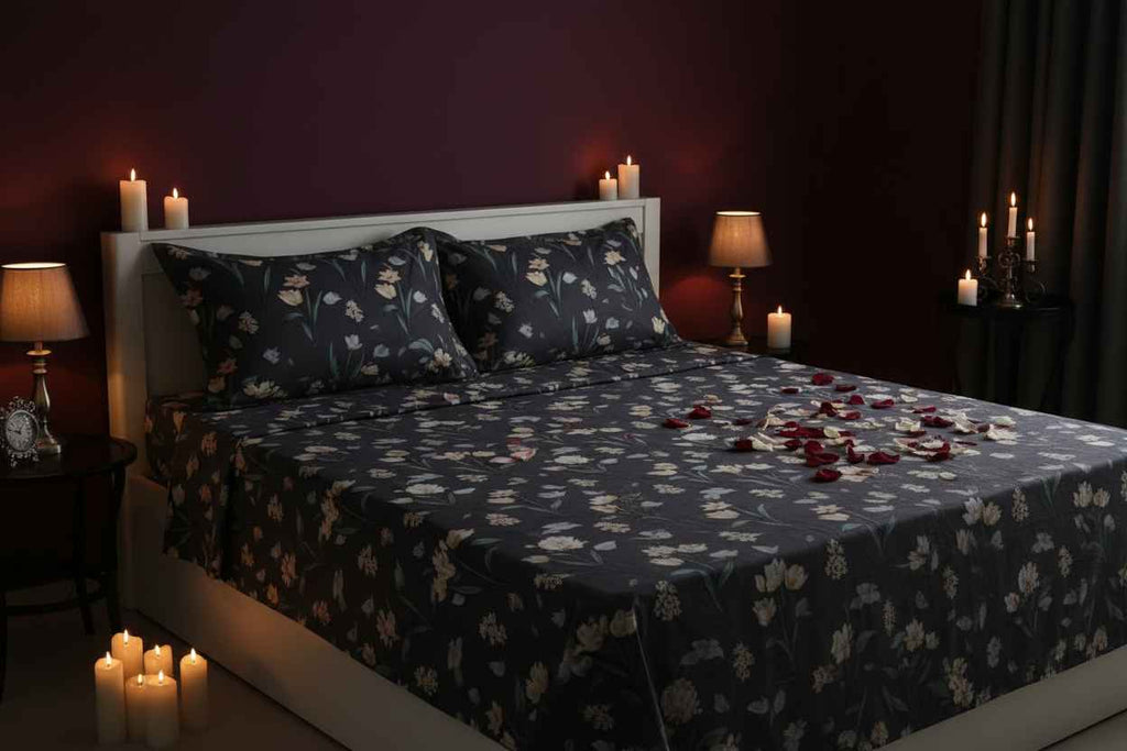 Botanical Bloom King Size Bedsheet – Dark Floral Embroidered