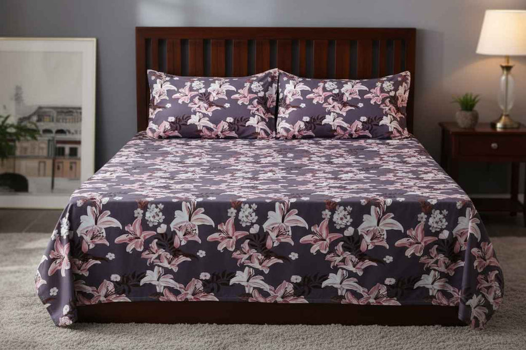 Lily Floral Printed Bedsheet | Charcoal Grey with Pink & White Blooms