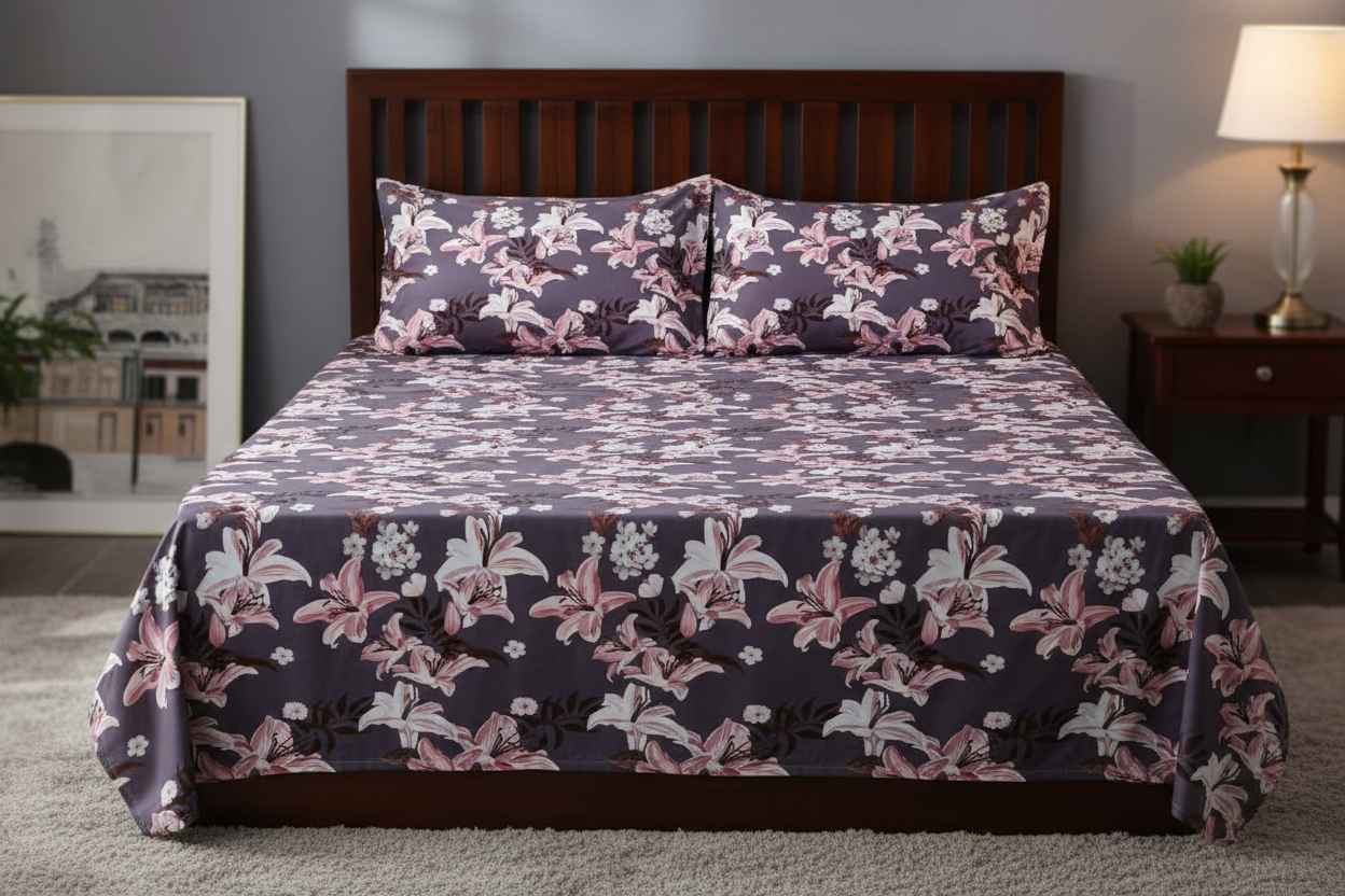 Lily Floral Printed Bedsheet | Charcoal Grey with Pink & White Blooms