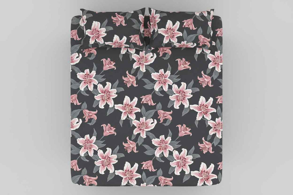 Lily Floral Printed Bedsheet | Charcoal Grey with Pink & White Blooms