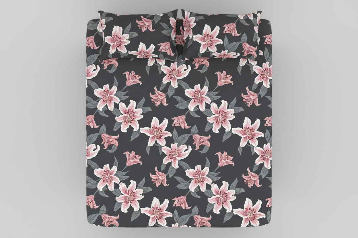 Lily Floral Printed Bedsheet | Charcoal Grey with Pink & White Blooms
