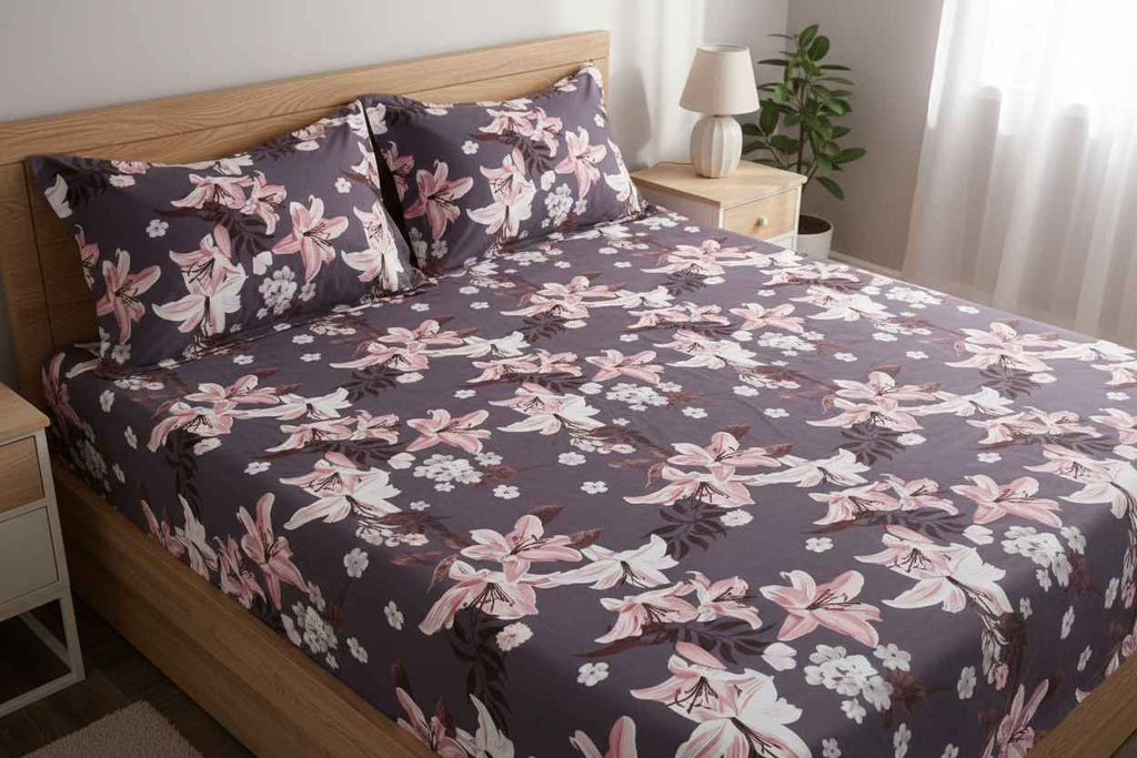 Lily Floral Printed Bedsheet | Charcoal Grey with Pink & White Blooms