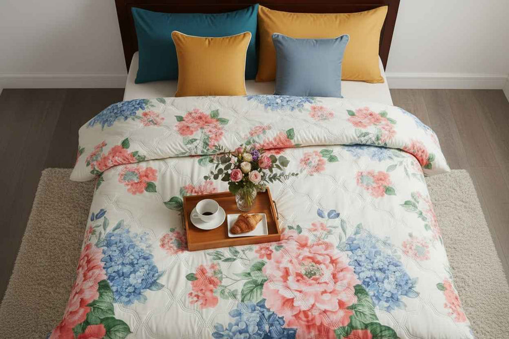 Hydrangea & Peony Double Bed Comforter | Floral Summer Quilted Bedding