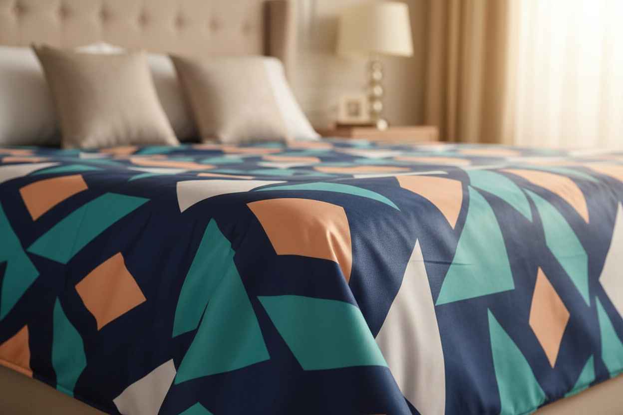 Geometric Print King Size Bedsheet | Navy, Teal & Peach
