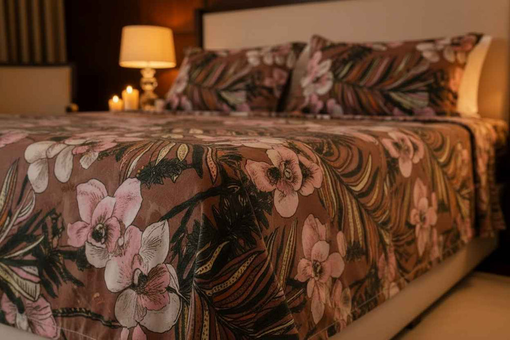 Tropical Orchid Floral Bedsheet Set — Chocolate Brown & Blush