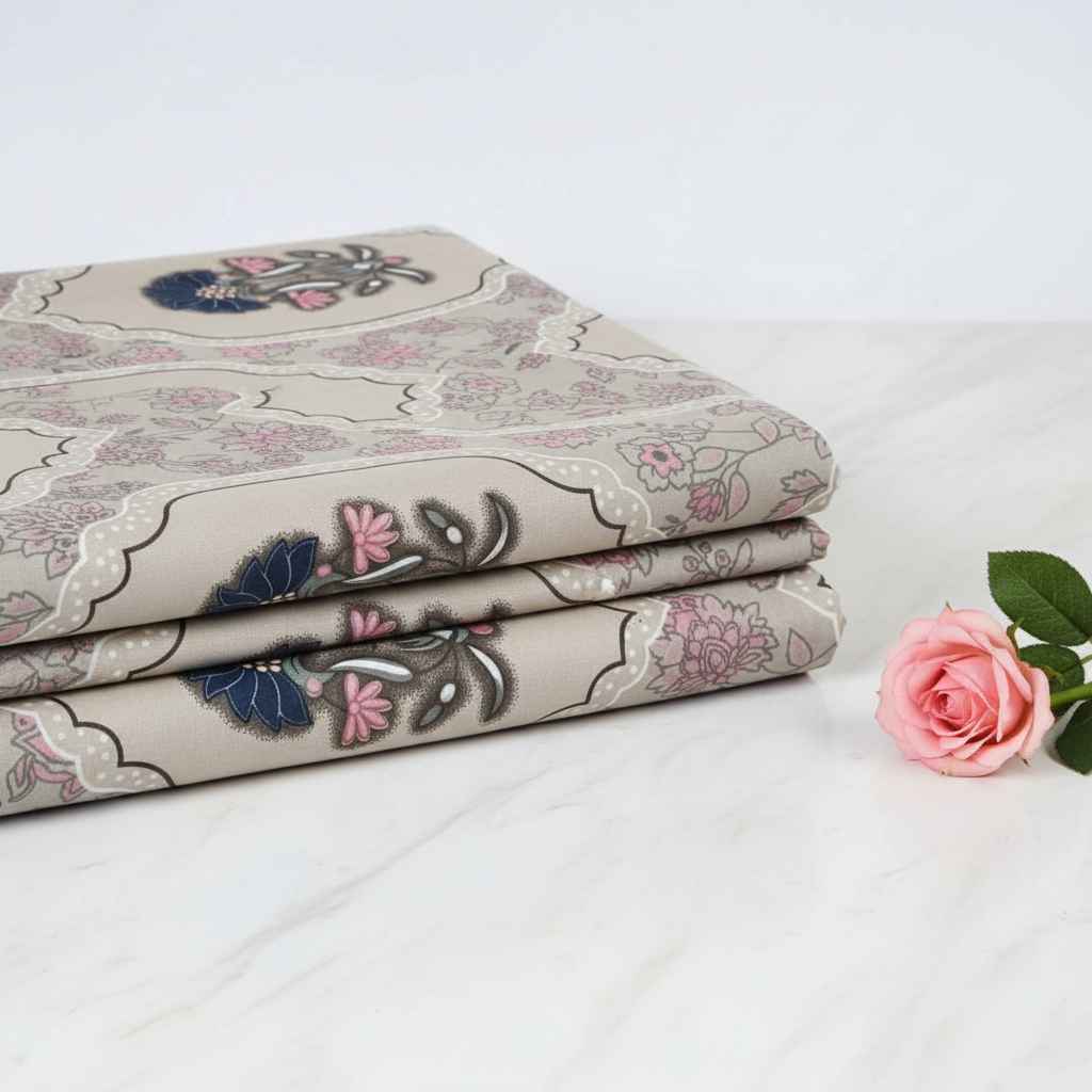 Double Bed Bedsheet – Mughal Floral Print | Beige & Indigo