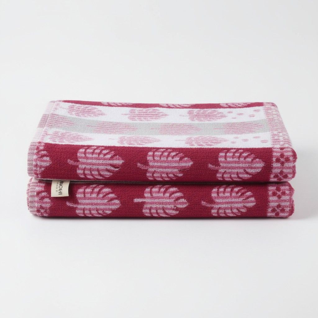 Hand Towel Block Print  – Burgundy & Pink Monstera Leaf | Set of 3