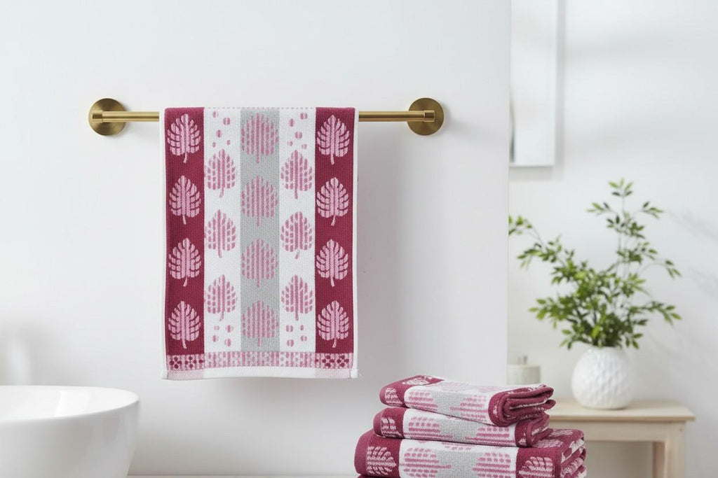 Hand Towel Block Print  – Burgundy & Pink Monstera Leaf | Set of 3