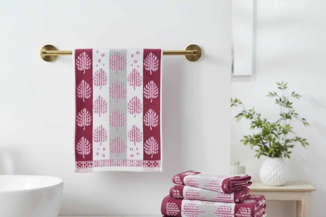 Hand Towel Block Print  – Burgundy & Pink Monstera Leaf | Set of 3