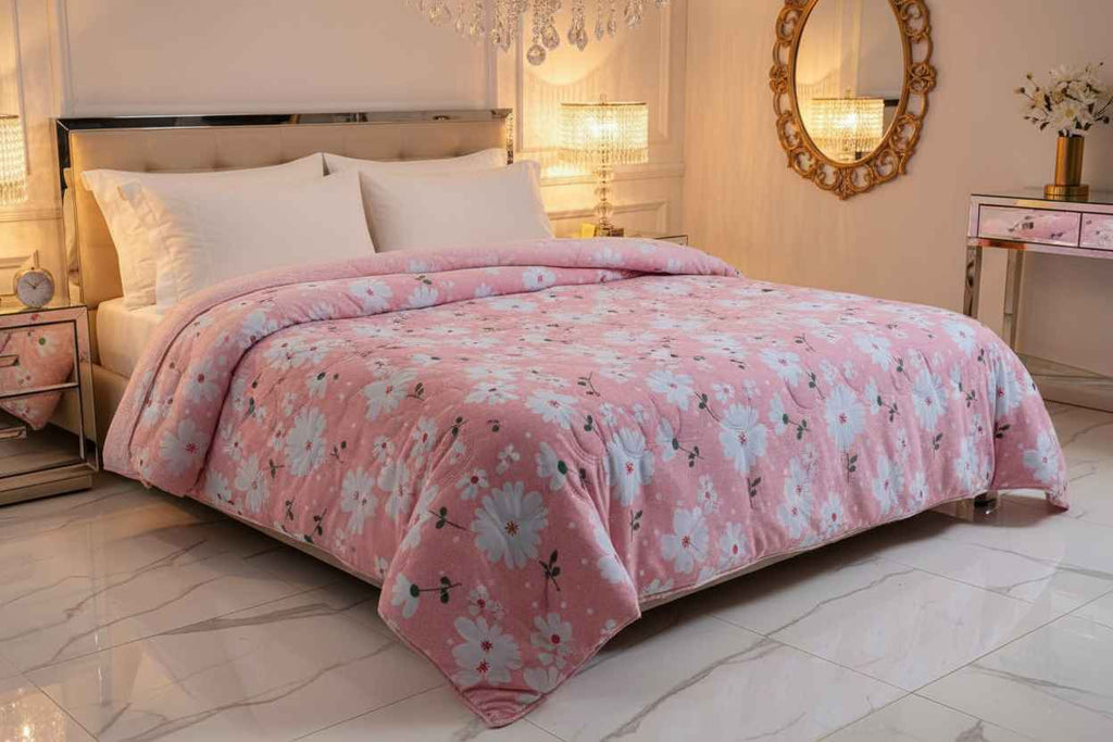 Bed with pink floral comforter in a bedroom setting
