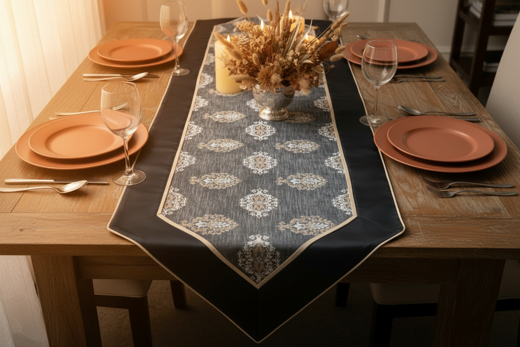Royal Medallion Silk Table Runner | Navy Blue Jacquard with Satin Silk Finish