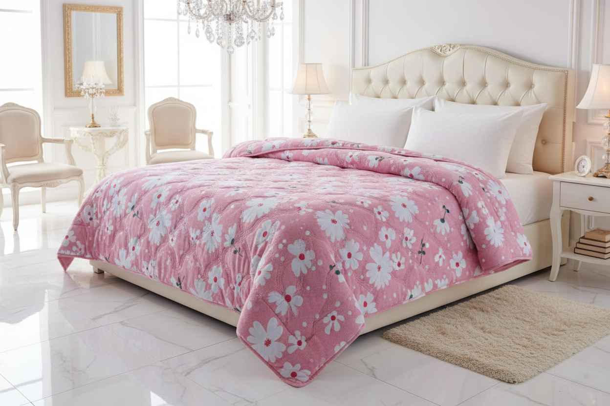 Bedroom with a pink floral comforter on a bed