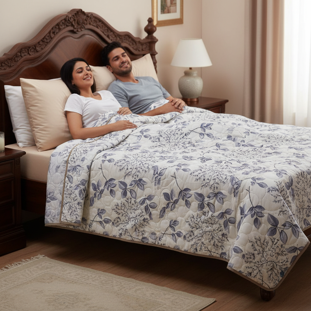 Summer Comforter Grey Botanical Double Bed  | Delicate Leaf Quilted Bedding