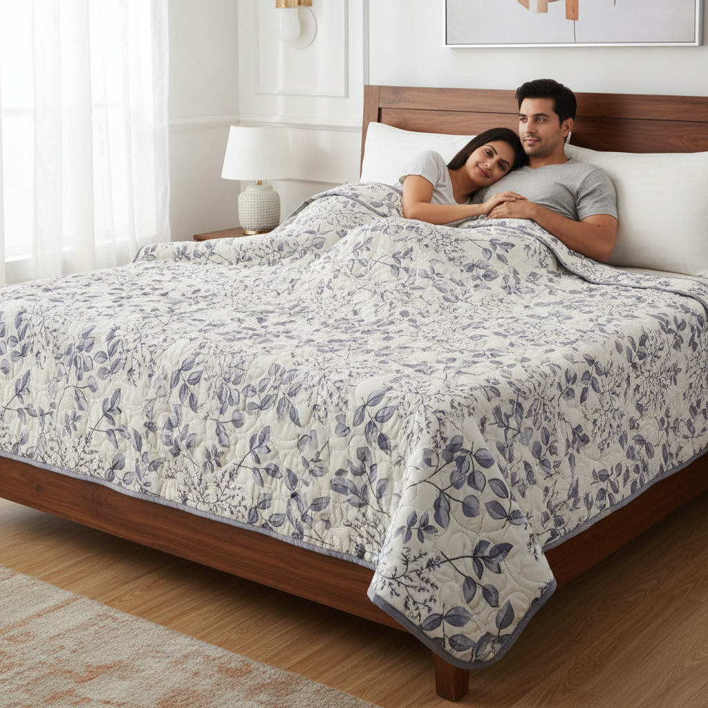 Summer Comforter Grey Botanical Double Bed  | Delicate Leaf Quilted Bedding