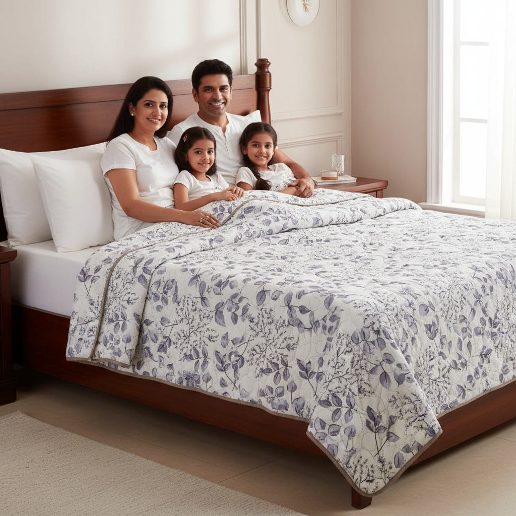 Summer Comforter Grey Botanical Double Bed  | Delicate Leaf Quilted Bedding