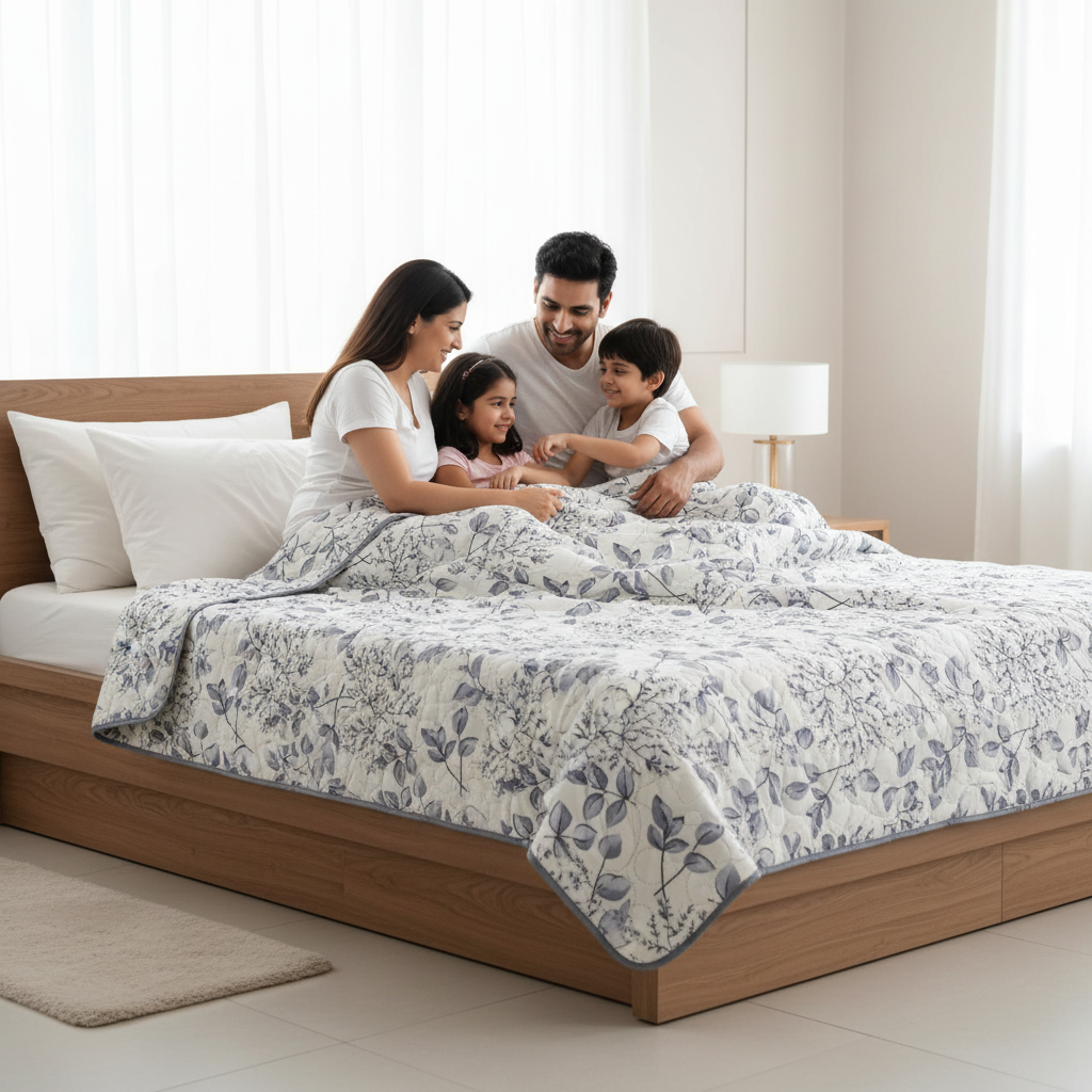 Summer Comforter Grey Botanical Double Bed  | Delicate Leaf Quilted Bedding