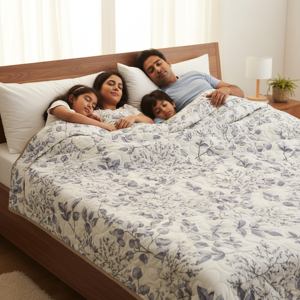 Summer Comforter Grey Botanical Double Bed  | Delicate Leaf Quilted Bedding