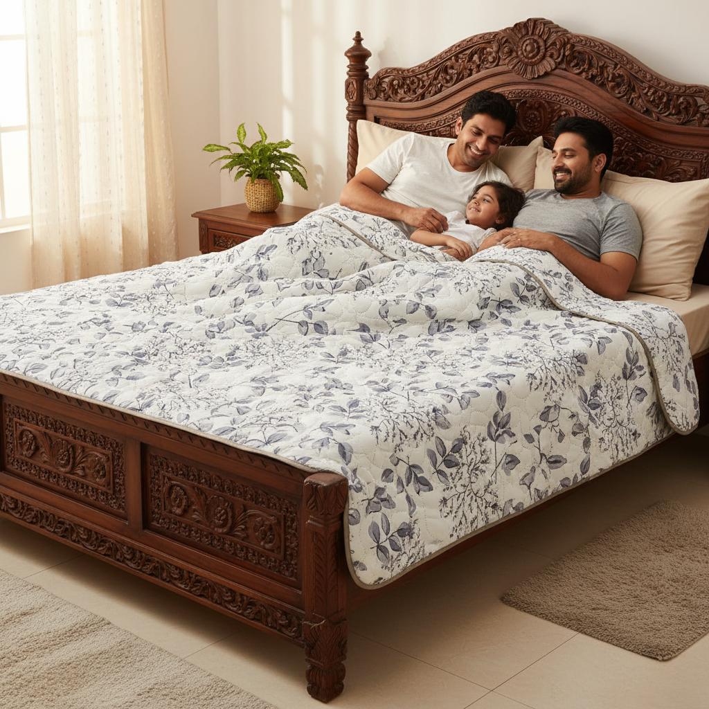 Summer Comforter Grey Botanical Double Bed  | Delicate Leaf Quilted Bedding