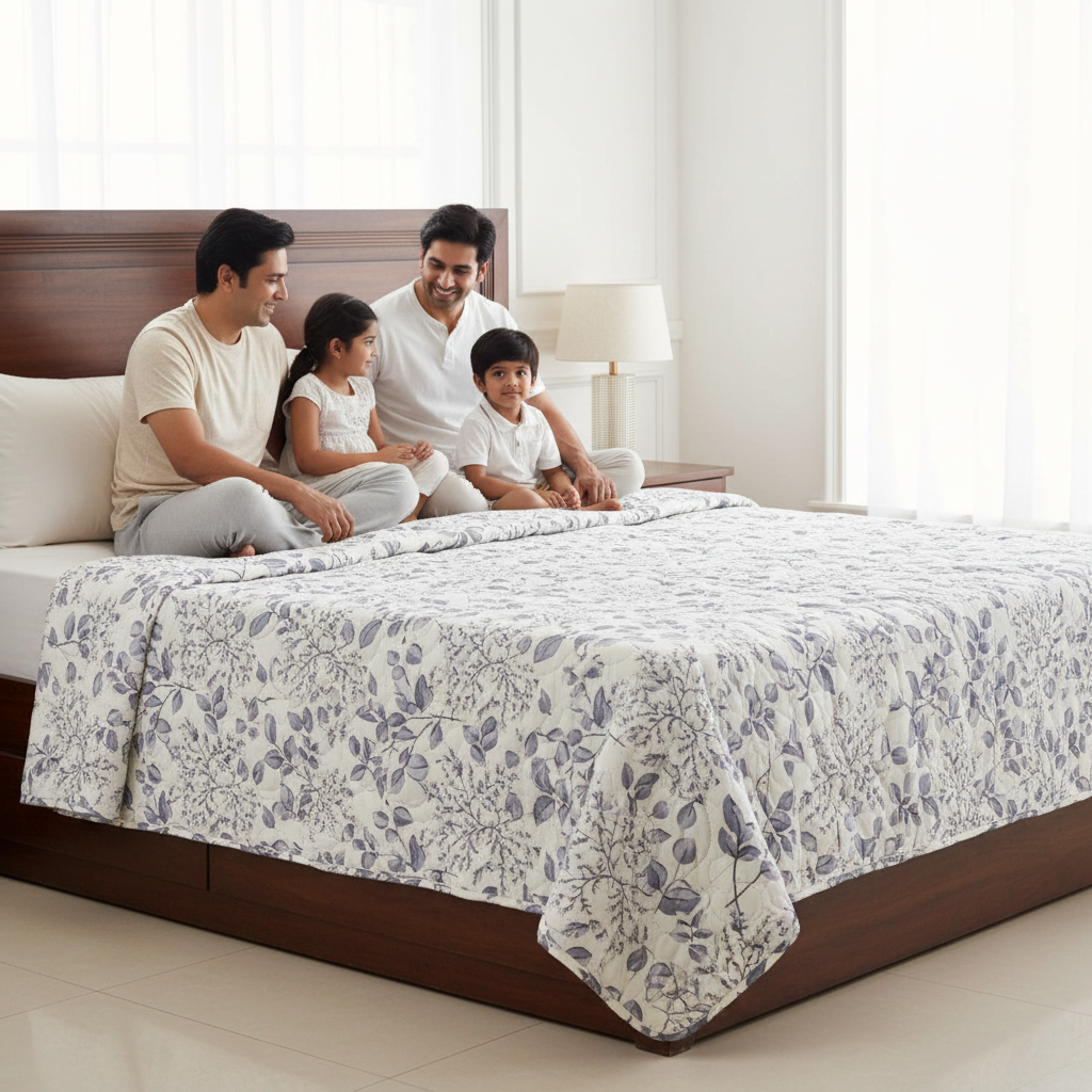 Summer Comforter Grey Botanical Double Bed  | Delicate Leaf Quilted Bedding