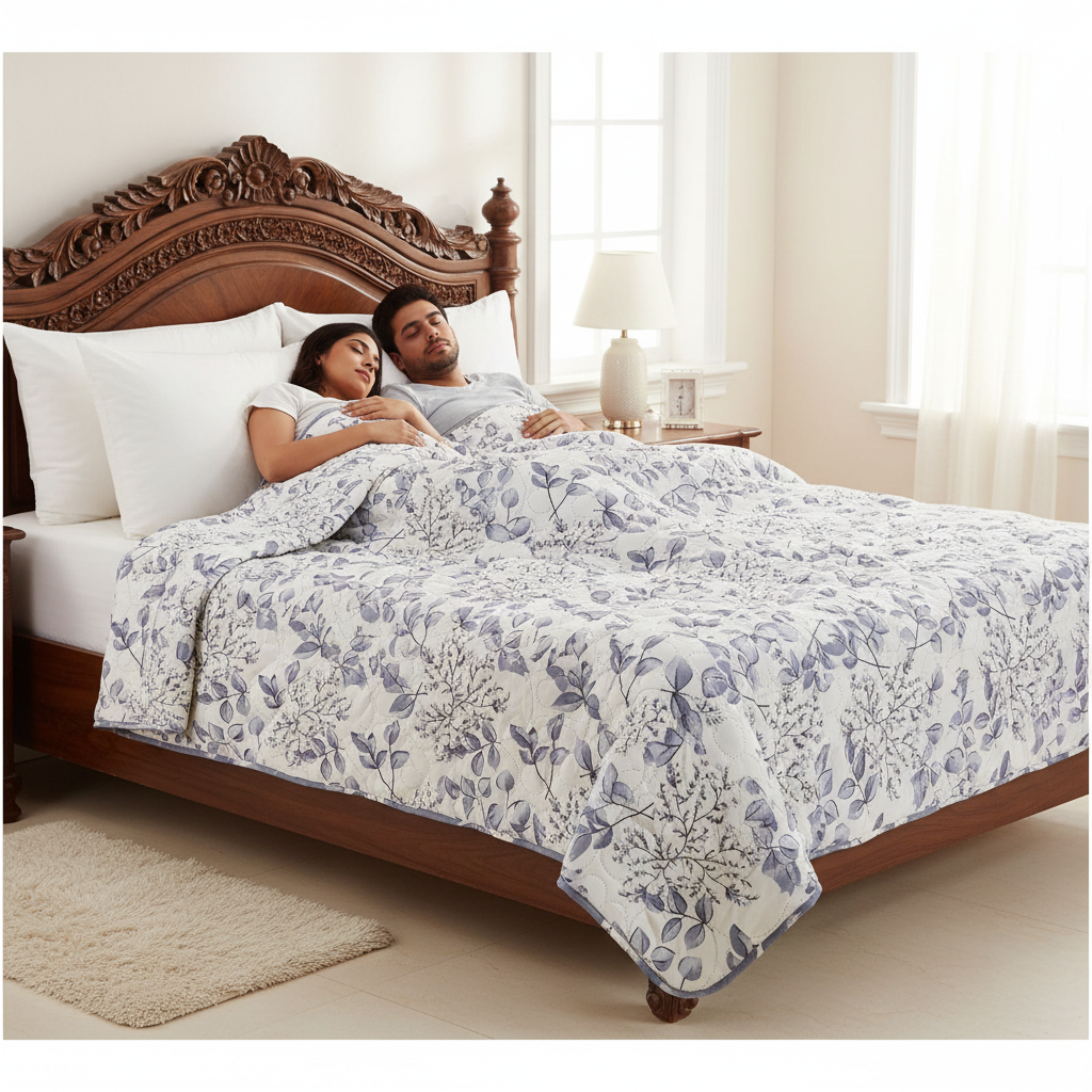 Summer Comforter Grey Botanical Double Bed  | Delicate Leaf Quilted Bedding